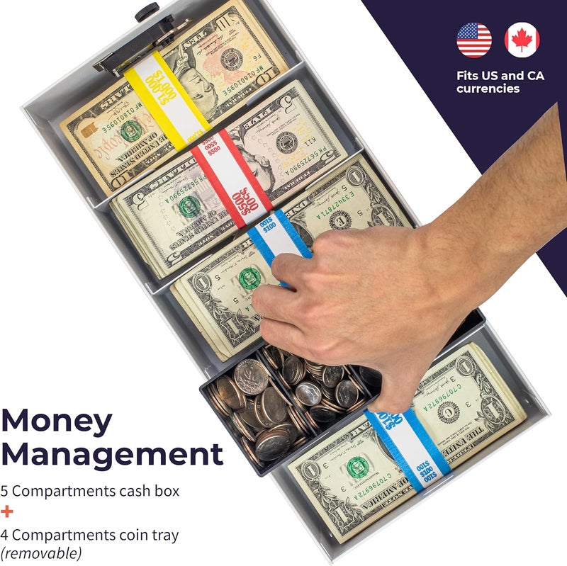 Volcora Cash Box Money Organizer - 15” x 7.5” x 4” Cashbox 5 Compartments Drawer Tray - Bills and Coin Slot with Combination Lock for POS Register, Kiosk, Retail, Personal and Business Use, White - Image 3